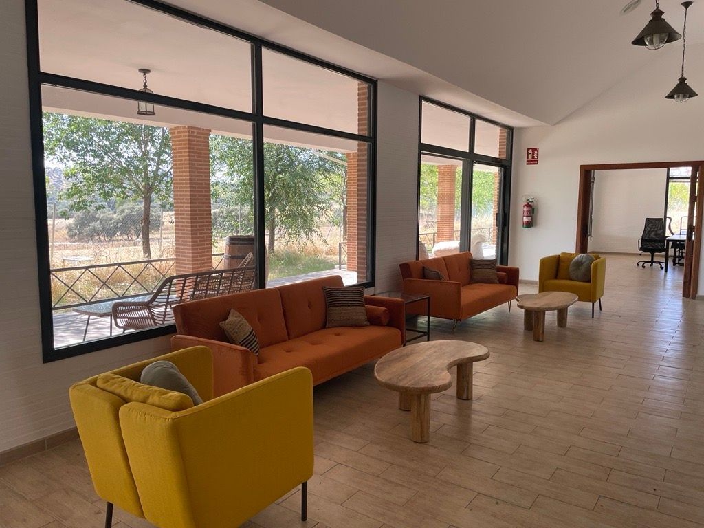 Coworking lounge with orange sofas and yellow chairs by large windows