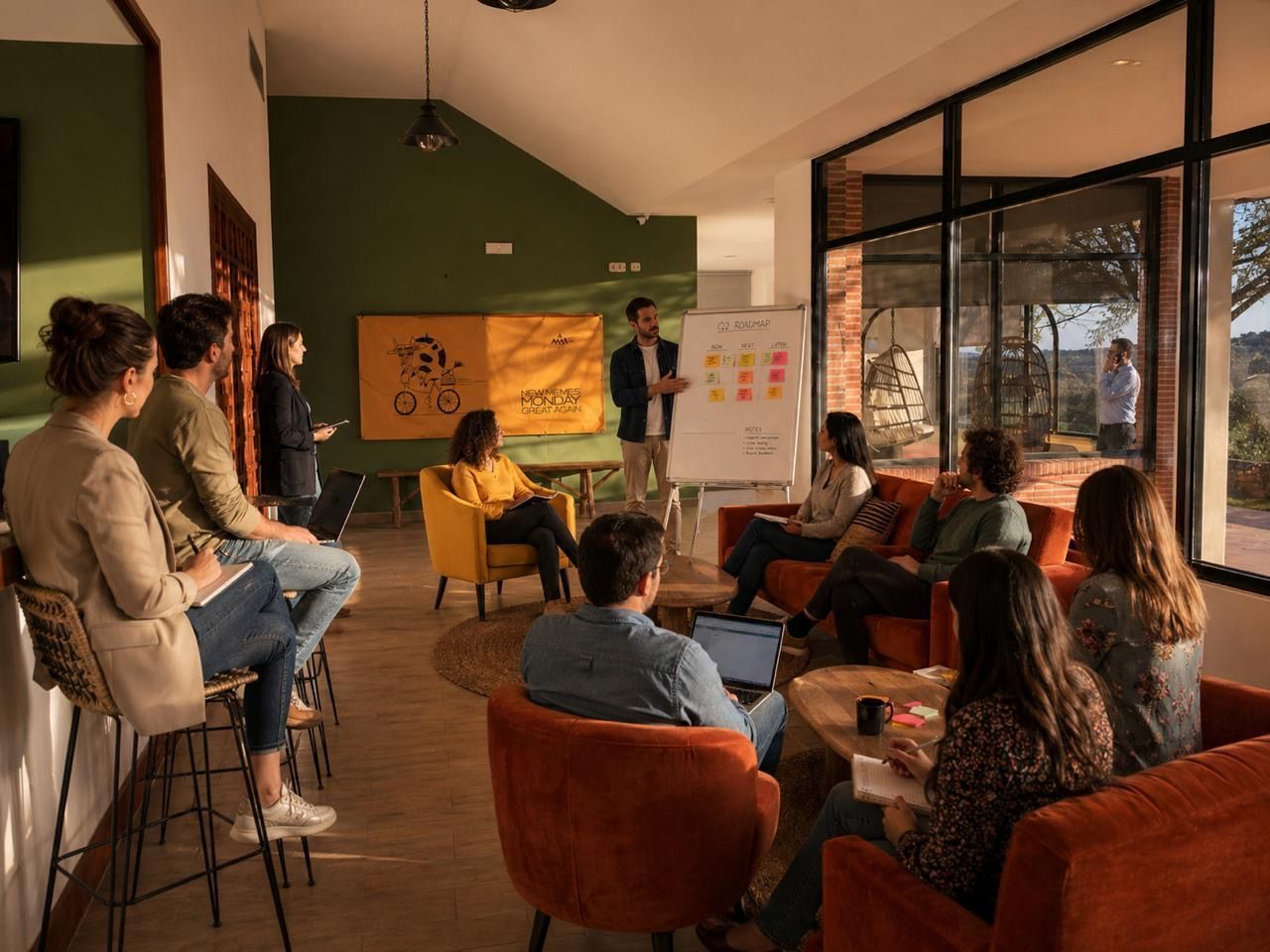 Team gathered in the lounge with fireplace, presenting at a flipchart