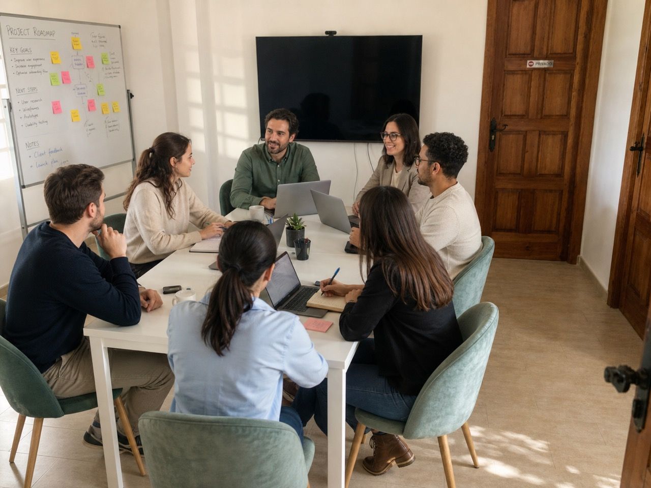 Team gathered in the lounge with fireplace, presenting at a flipchart