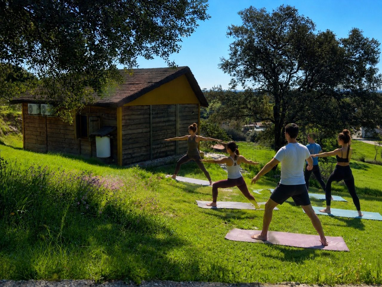 Yoga class practising on the covered porch at sunset