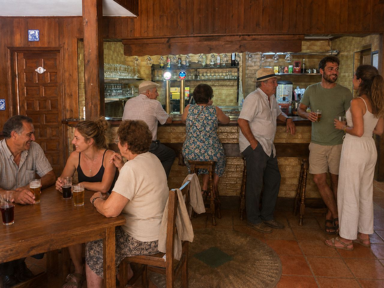 Locals and guests sharing beers at El Molino's wood-panelled village bar